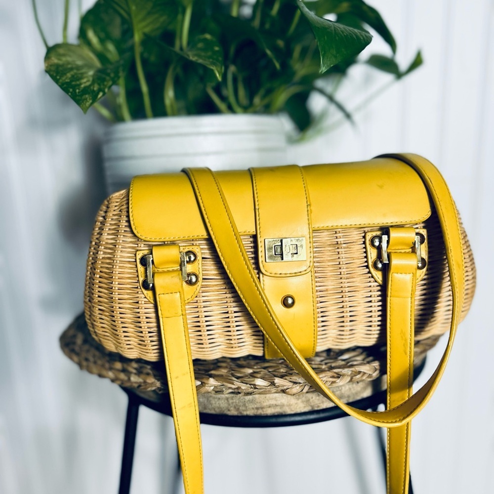 Etienne Aigner 100% Natural Rattan Shoulder Bag, Gold Leather, Gold Trim